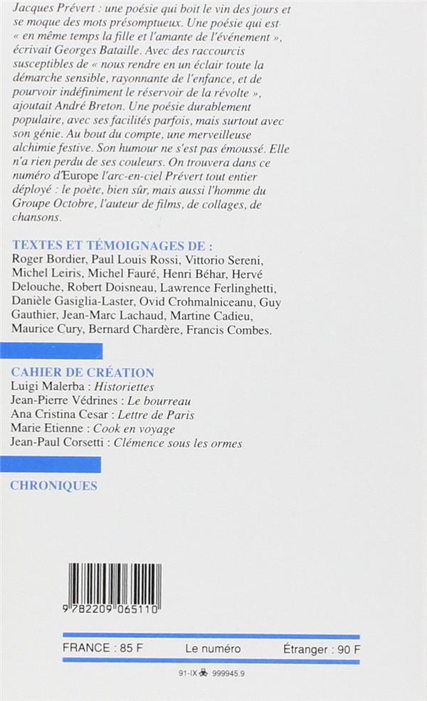 Quatrième de couverture de « EUROPE JACQUES PREVERT »