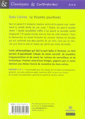Quatrième de couverture de « LE VICOMTE POURFENDU - CLASSIQUES ET CONTEMPORAINS »