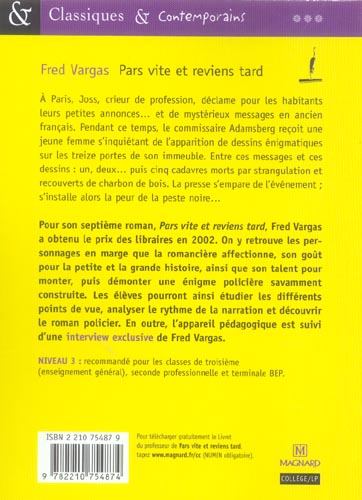 Quatrième de couverture de « Pars vite et reviens tard »