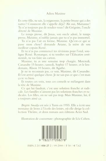 Quatrième de couverture de « ADIEU MAXIME »
