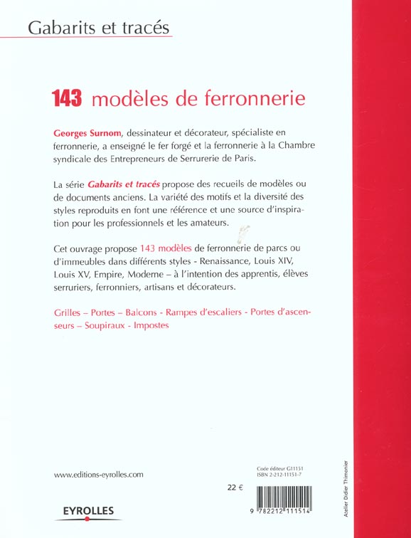 Quatrième de couverture de « 143 MODELES DE FERRONNERIE - GRILLES, PORTES, BALCONS, RAMPES, ASCENSEURS »
