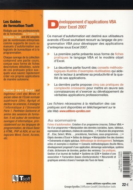 Quatrième de couverture de « EXCEL 2007 - PROGRAMMATION VBA - GUIDE DE FORMATION AVEC CAS PRATIQUES »