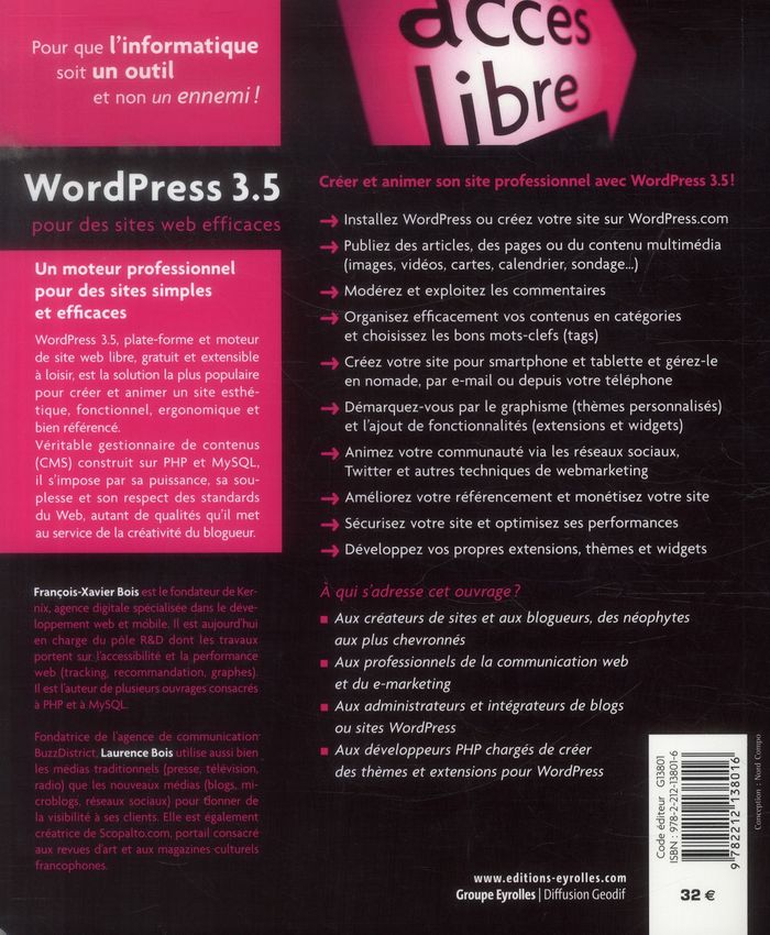 Quatrième de couverture de « WORDPRESS 3.5 POUR LE BLOGUEUR EFFICACE - ADMINISTRATION - PERSONNALISATION - REFERENCEMENT - MARKET »