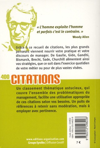 Quatrième de couverture de « 400 CITATIONS POUR LE MANAGER STRATEGE - DE CHURCHILL A WOODY ALLEN. »
