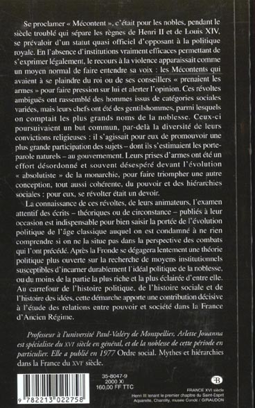 Quatrième de couverture de « LE DEVOIR DE REVOLTE - LA NOBLESSE FRANCAISE ET LA GESTATION DE L'ETAT MODERNE (1559-1661) »