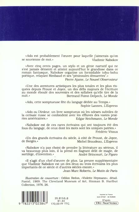 Quatrième de couverture de « ADA OU L'ARDEUR »