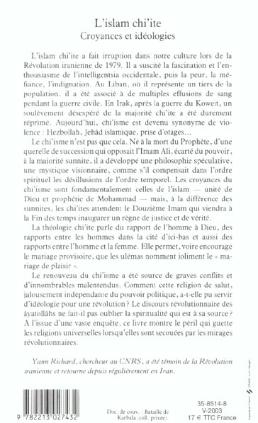 Quatrième de couverture de « L'ISLAM CHI'ITE - CROYANCES ET IDEOLOGIES »