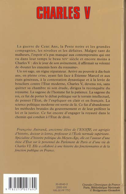 Quatrième de couverture de « CHARLES V - LE SAGE »