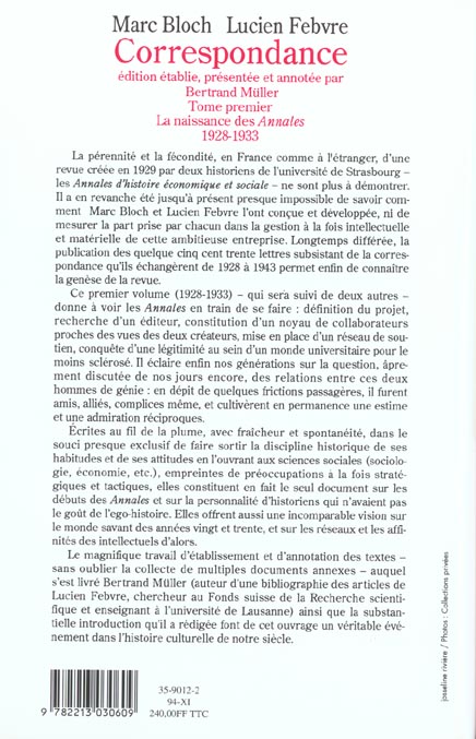 Quatrième de couverture de « CORRESPONDANCE - LA NAISSANCE DES ANNALES (1928-1933) »