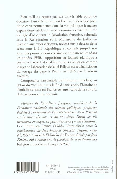 Quatrième de couverture de « L'ANTICLERICALISME EN FRANCE DE 1815 A NOS JOURS »