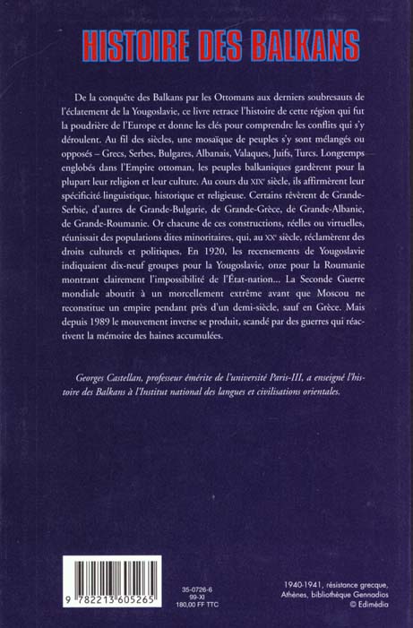 Quatrième de couverture de « HISTOIRE DES BALKANS - XIVE - XXE SIECLE »