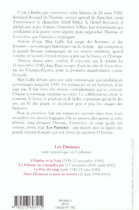 Quatrième de couverture de « LES PATRIOTES, TOME 1 - L'OMBRE ET LA NUIT »