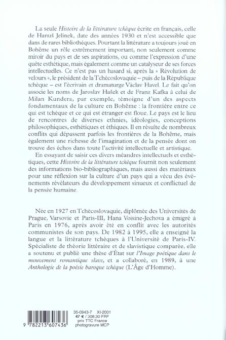Quatrième de couverture de « HISTOIRE DE LA LITTERATURE TCHEQUE »
