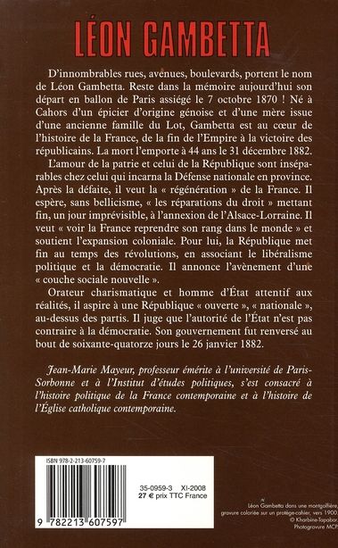 Quatrième de couverture de « LEON GAMBETTA. LA PATRIE ET LA REPUBLIQUE »