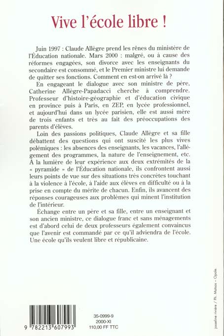 Quatrième de couverture de « VIVE L'ECOLE LIBRE ! »
