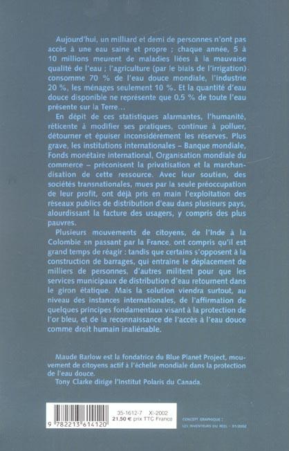 Quatrième de couverture de « L'OR BLEU - L'EAU, LE GRAND ENJEU DU XXIE SIECLE »