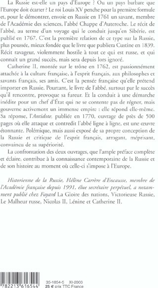 Quatrième de couverture de « L'IMPERATRICE ET L'ABBE - UN DUEL LITTERAIRE INEDIT ENTRE CATHERINE II ET L'ABBE CHAPPE D'AUTEROCHE »