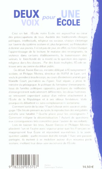 Quatrième de couverture de « DEUX VOIX POUR UNE ECOLE »