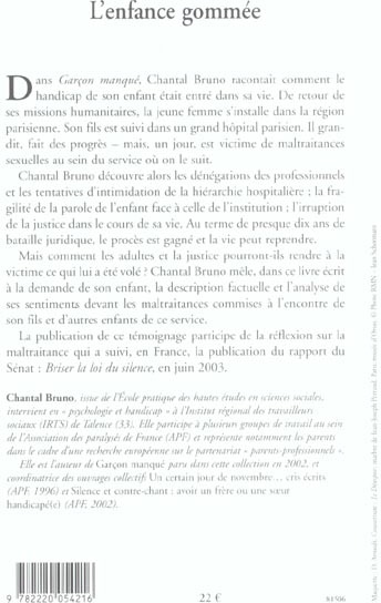 Quatrième de couverture de « L'ENFANCE GOMMEE »