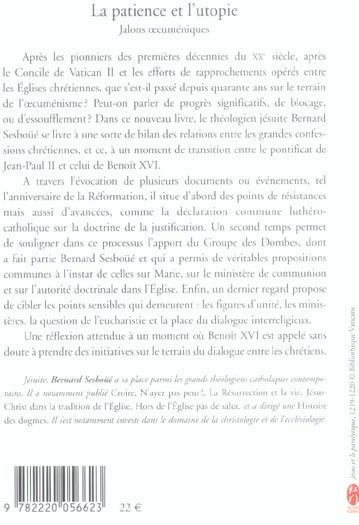 Quatrième de couverture de « LA PATIENCE ET L'UTOPIE - JALONS OECUMENIQUES »
