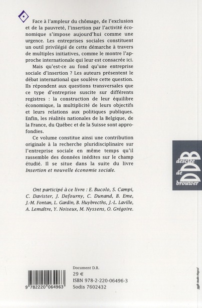 Quatrième de couverture de « ENTREPRISE SOCIALE ET INSERTION - UNE PERSPECTIVE INTERNATIONALE »
