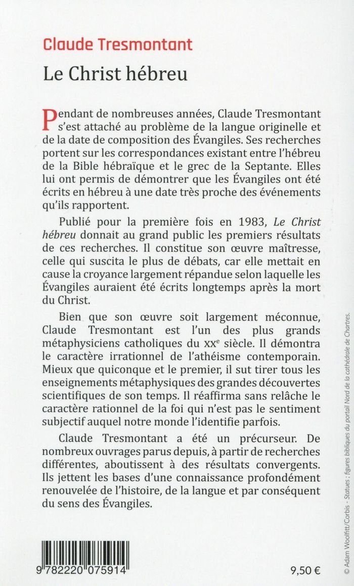 Quatrième de couverture de « LE CHRIST HEBREU - LA LANGUE ET L'AGE DES EVANGILES »