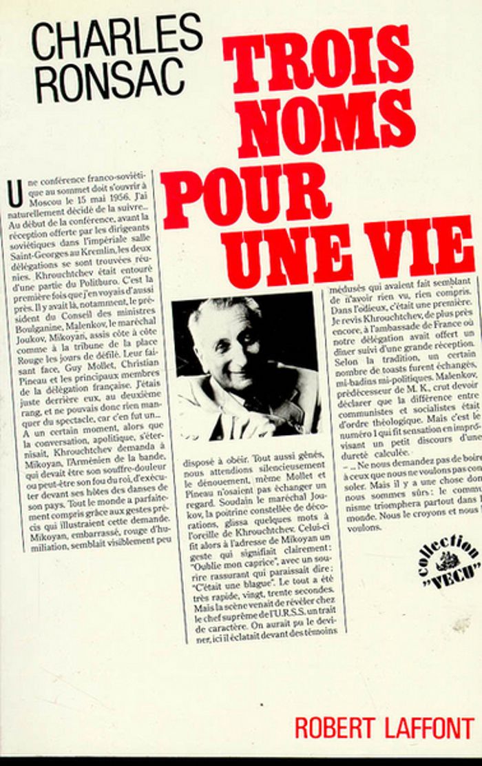 Couverture du livre « TROIS NOMS POUR UNE VIE » de Charles Ronsac, librairie Les Contes Infusés à Corte
