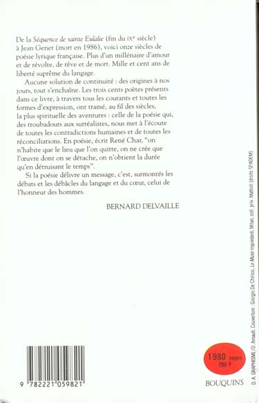 Quatrième de couverture de « MILLE ET CENT ANS DE POESIE FRANCAISE DE LA "SEQUENCE DE SAINTE EULALIE" A JEAN GENET »