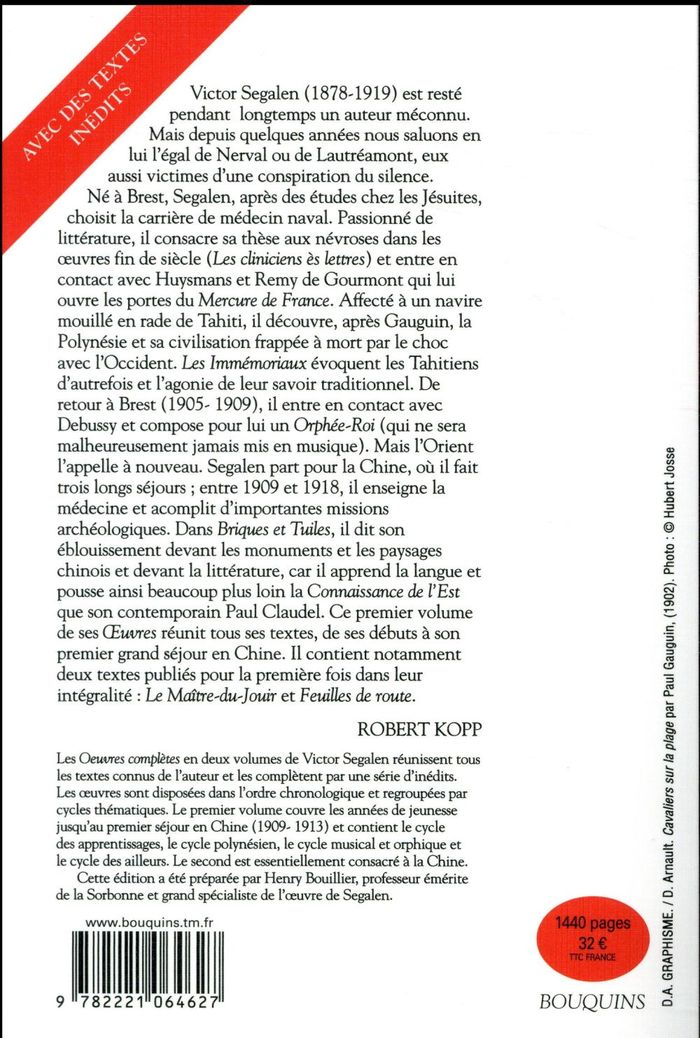 Quatrième de couverture de « VICTOR SEGALEN - TOME 1 - OEUVRES COMPLETES - VOL01 »