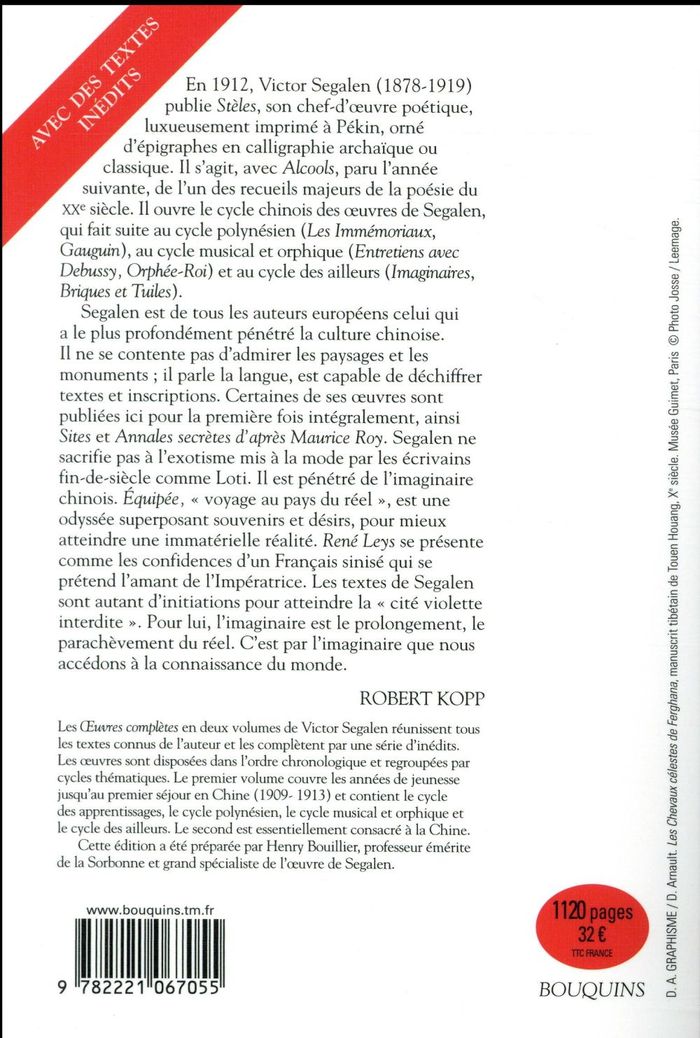 Quatrième de couverture de « VICTOR SEGALEN - TOME 2 - OEUVRES COMPLETES »
