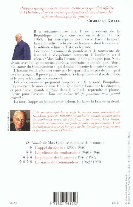 Quatrième de couverture de « DE GAULLE - TOME 4 LA STATUE DU COMMANDEUR - 1963-1970 - VOL04 »