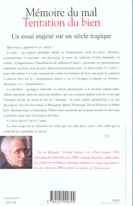 Quatrième de couverture de « MEMOIRE DU MAL TENTATION DU BIEN »