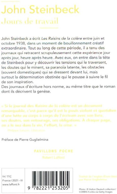 Quatrième de couverture de « Jours de travail : journaux des "Raisins de la colère", 1938-1941 »