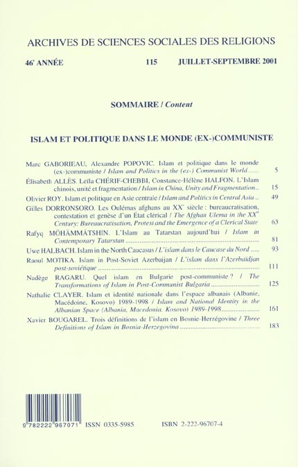 Quatrième de couverture de « ARCHIVES DE SCIENCES SOCIALES DES RELIGIONS 115 - ISLAM ET P »