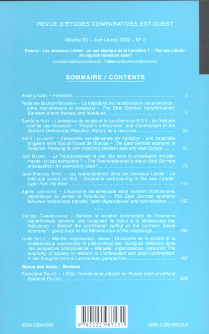 Quatrième de couverture de « REV.ETUD.COMP.EST-OUEST 2002 V.33 N.2 »