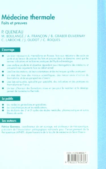 Quatrième de couverture de « MEDECINE THERMALE - FAITS ET PREUVES »