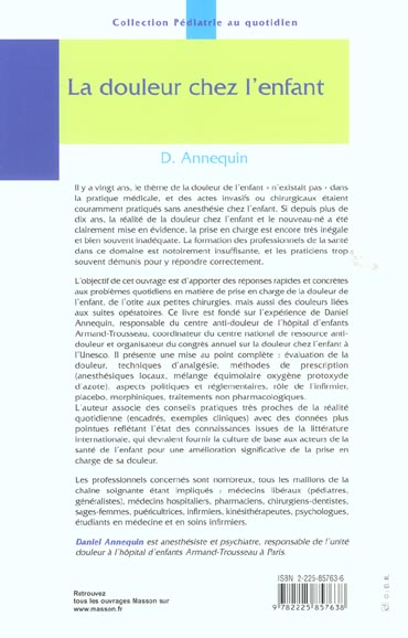 Quatrième de couverture de « LA DOULEUR CHEZ L ENFANT »