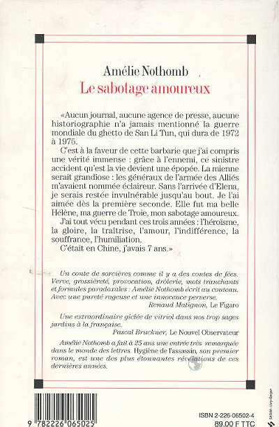 Quatrième de couverture de « LE SABOTAGE AMOUREUX »