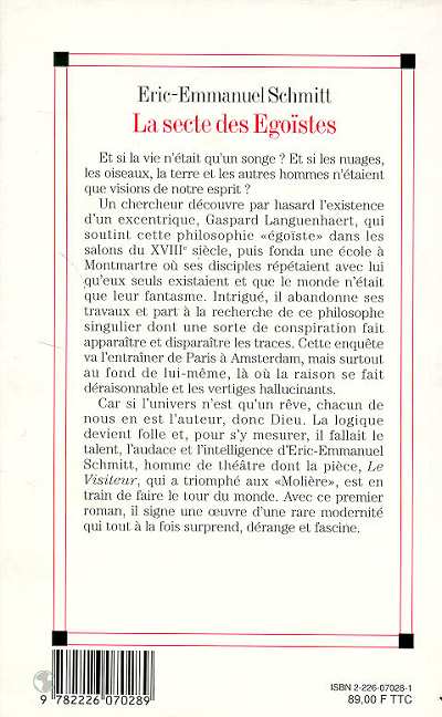 Quatrième de couverture de « LA SECTE DES EGOISTES »