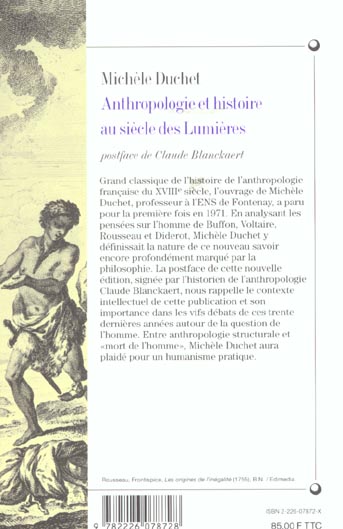 Quatrième de couverture de « BIBLIOTHEQUE DE L'EVOLUTION DE L'HUMANITE - T16 - ANTHROPOLOGIE ET HISTOIRE AU SIECLE DES LUMIERES »