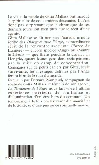 Quatrième de couverture de « ESPACES LIBRES - T59 - LE TESTAMENT DE L'ANGE - LES DERNIERS JOURS DE GITTA MALLASZ »