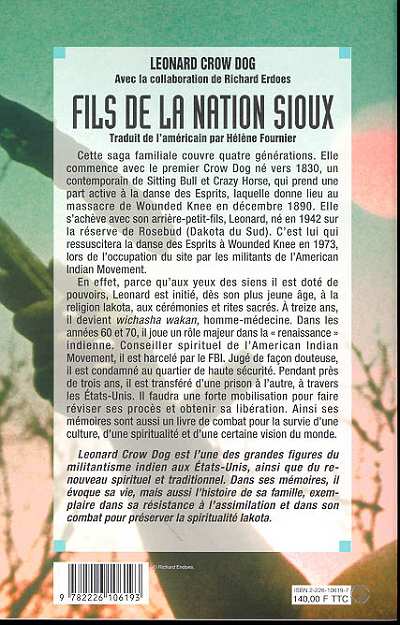 Quatrième de couverture de « FILS DE LA NATION SIOUX - VIE ET COMBATS D'UN HOMME-MEDECINE LAKOTA »