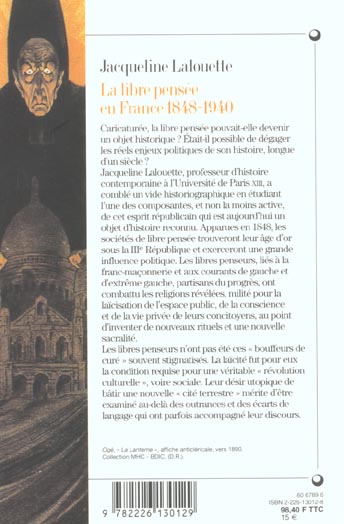 Quatrième de couverture de « LA LIBRE-PENSEE EN FRANCE, 1848-1940 »