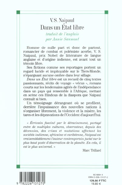 Quatrième de couverture de « DANS UN ETAT LIBRE »