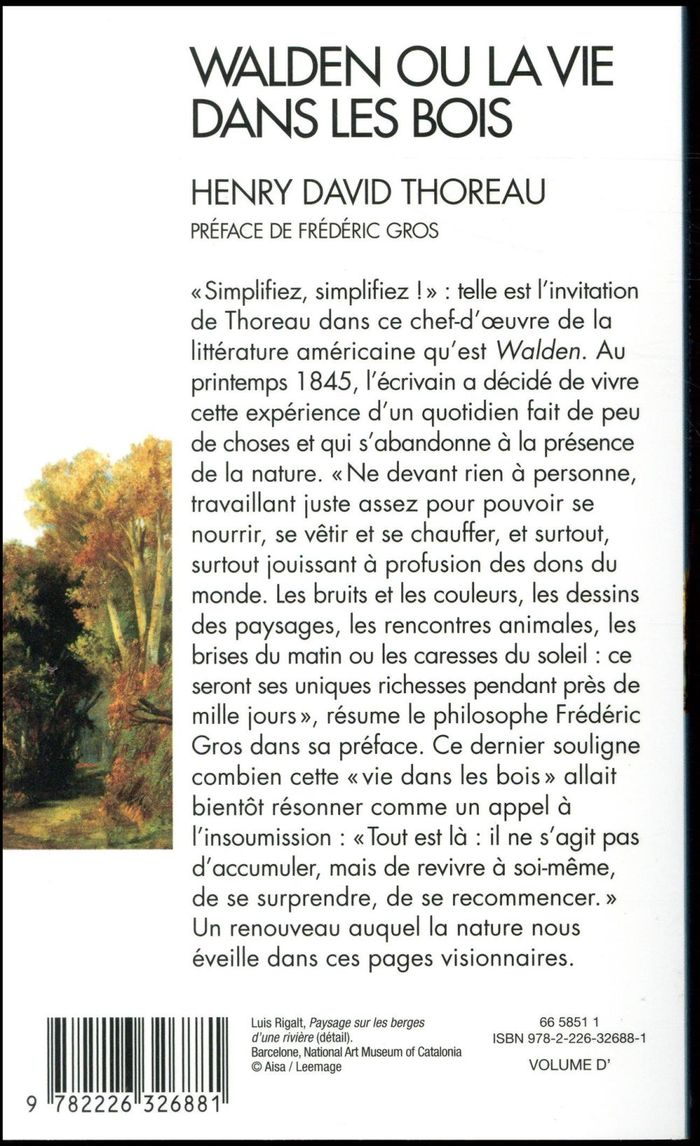 Quatrième de couverture de « Walden ou La vie dans les bois »