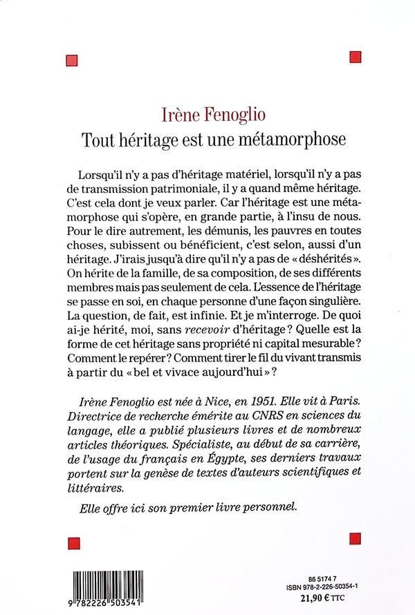 Quatrième de couverture de « Tout héritage est une métamorphose »