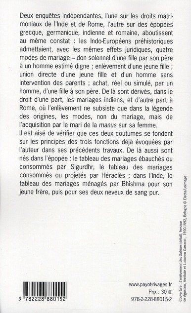 Quatrième de couverture de « LES MARIAGES INDO-EUROPEENS »