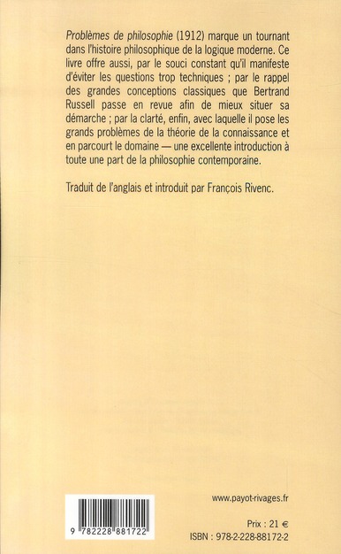 Quatrième de couverture de « PROBLEMES DE PHILOSOPHIE »