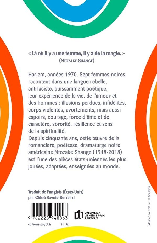 Quatrième de couverture de « Aux filles de couleur qui ont déjà pensé au suicide / quand l'arc-en-ciel est sufizan »