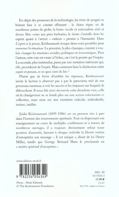 Quatrième de couverture de « L'ESPRIT ET LA PENSEE »